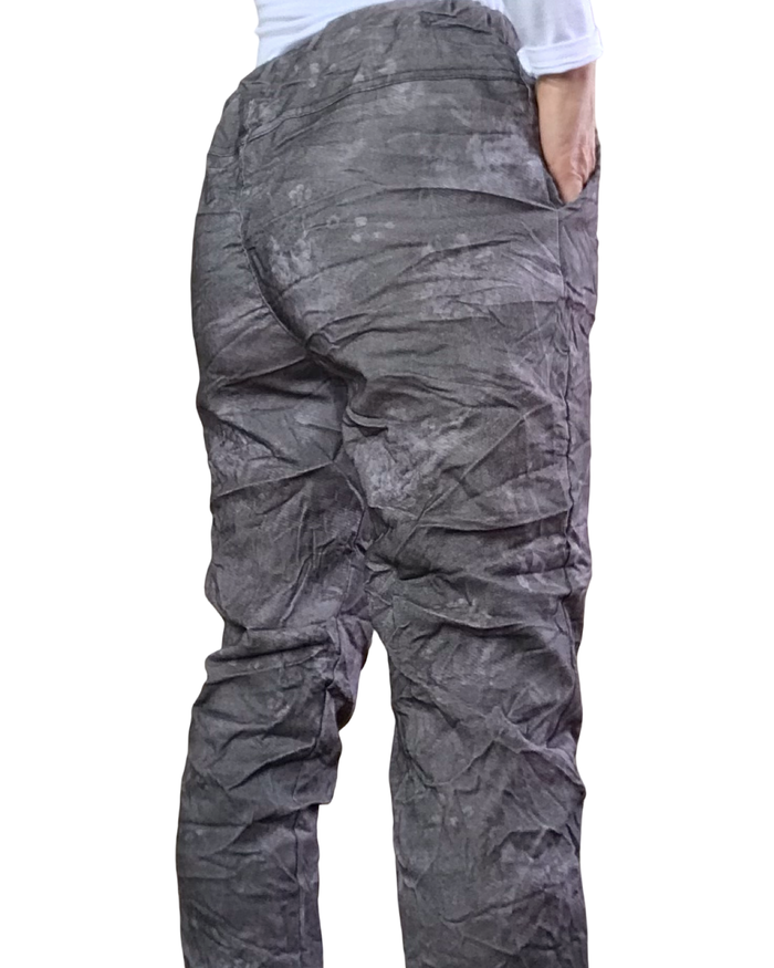 Pantalon à taille élastique marbré gris et moka avec cordon à la taille