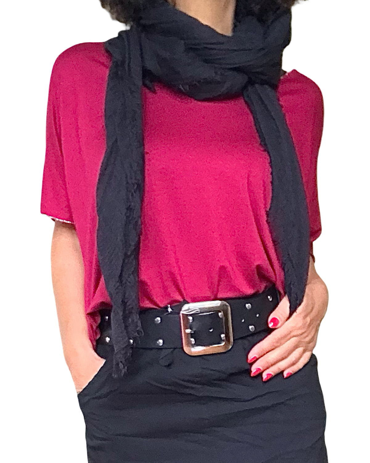 T-shirt uni rouge vin manche courte col en V avec lurex argenté