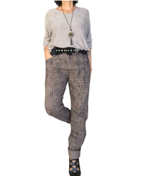 Pantalon brun à taille élastique avec cordon, imprimé d’un léger motif noir et petits carreaux dorés( Livraison 2 octobre)