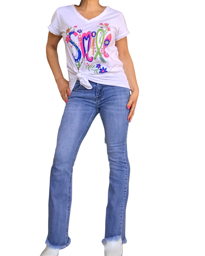 T-shirt blanc col en V «  smile » coloré et doré