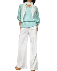Pantalon jambe droite blanc cassé taille élastique avec cordon