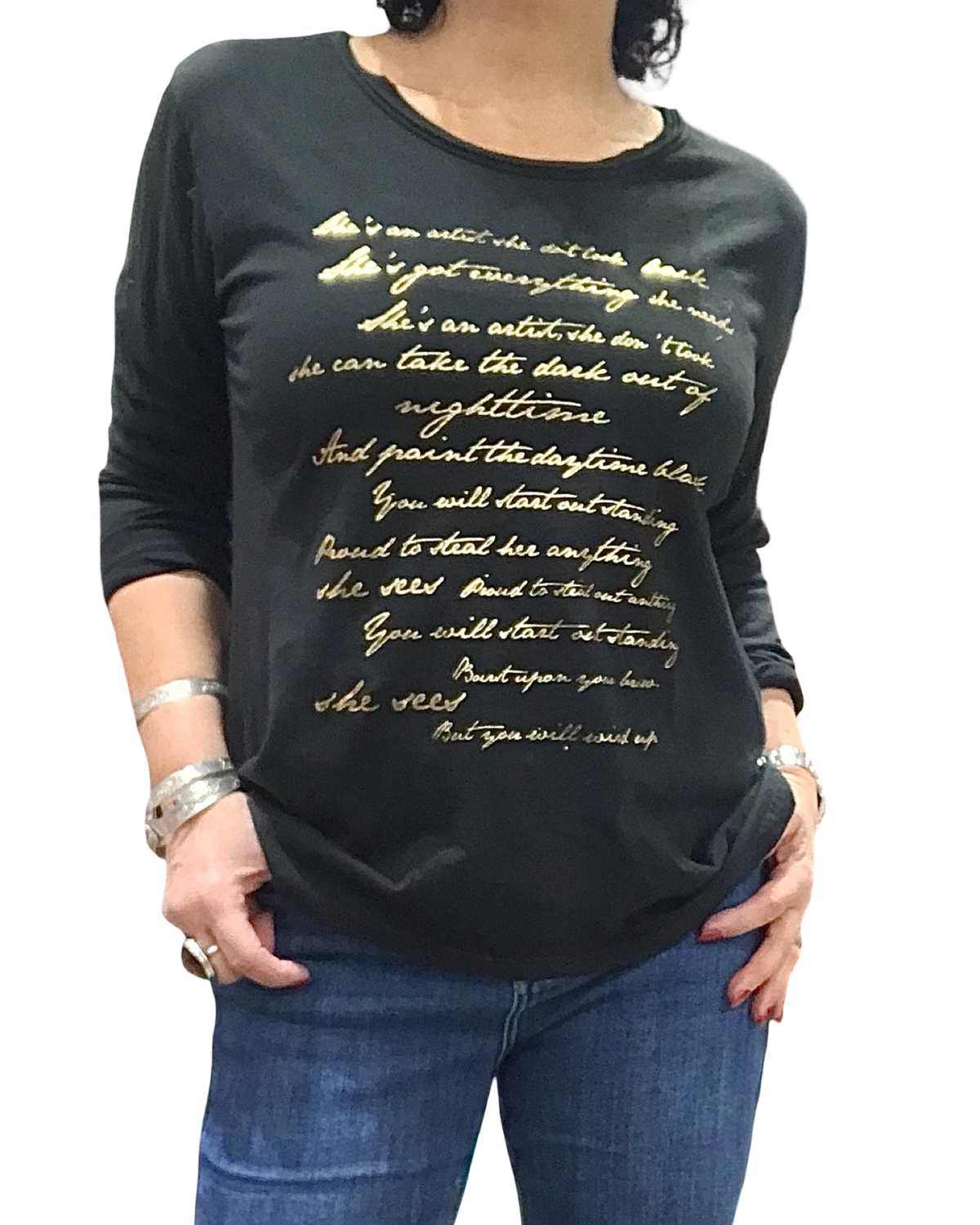 T-shirt manche longue noir avec écritures dorées