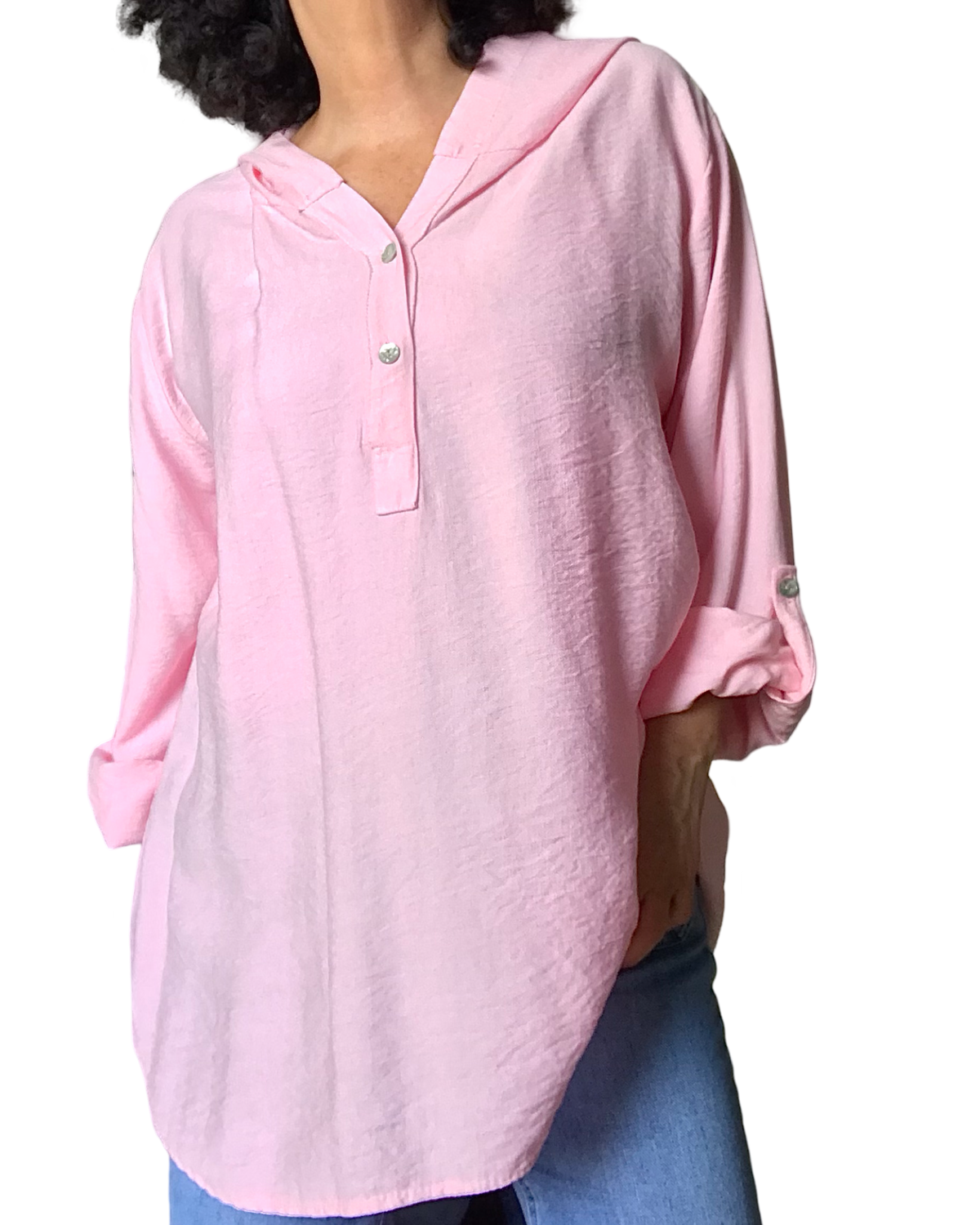 Blouse unie manches 3/4 avec capuchon rose