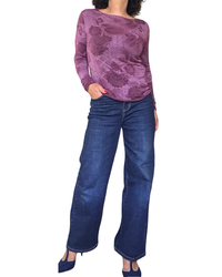 T-shirt bourgogne fleuri ton sur ton, manche longue col rond