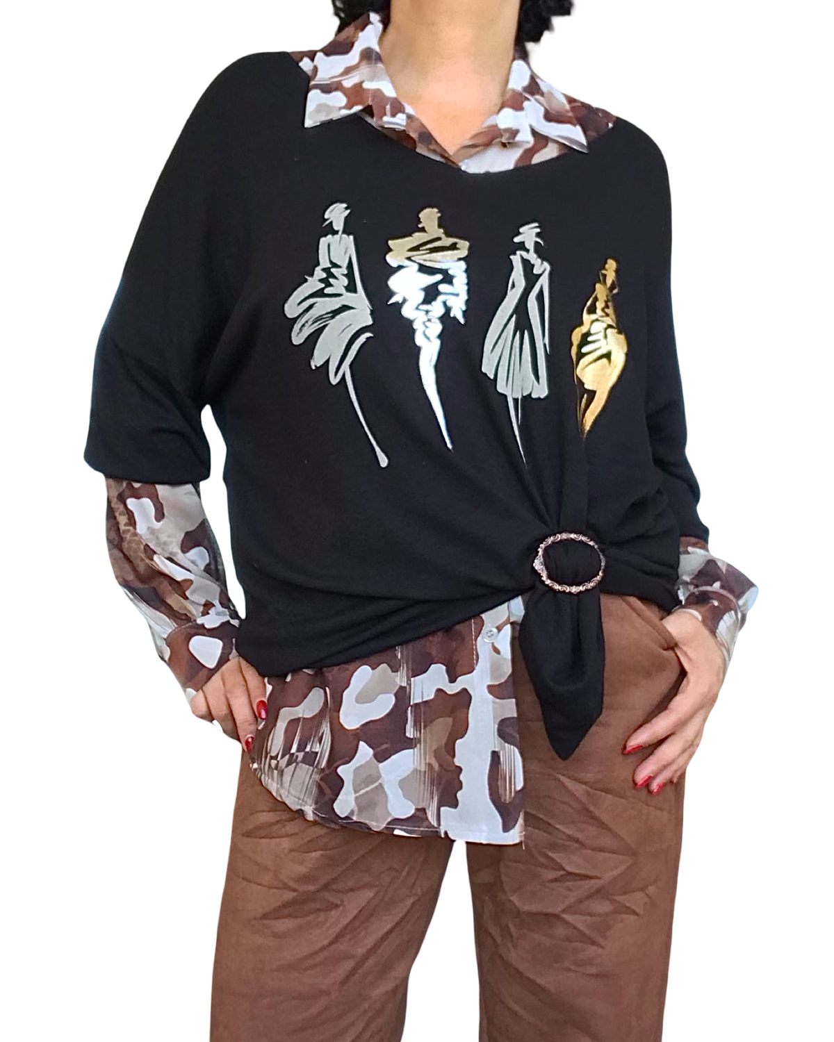 Chandail uni noir col en V avec esquisse de 4 femmes devant