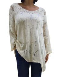 Chandail col en V uni vanille en crochet manche 3/4