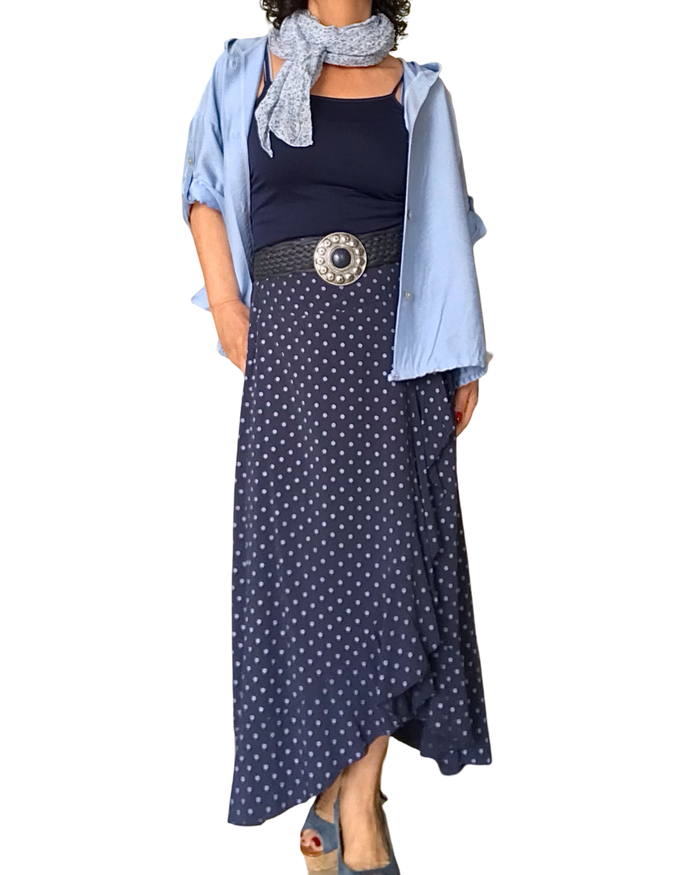Jupe longue portefeuille marine à pois bleu ciel
