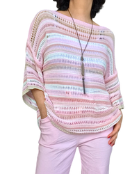 Chandail en crochet à rayures rose pâle manche courte col bateau