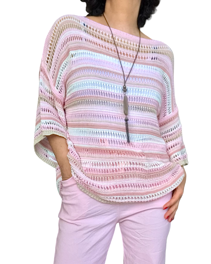 Chandail en crochet à rayures rose pâle manche courte col bateau