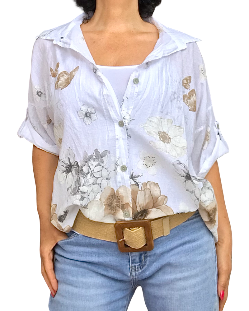 Chemise manche courte à cordon fleurs noisettes