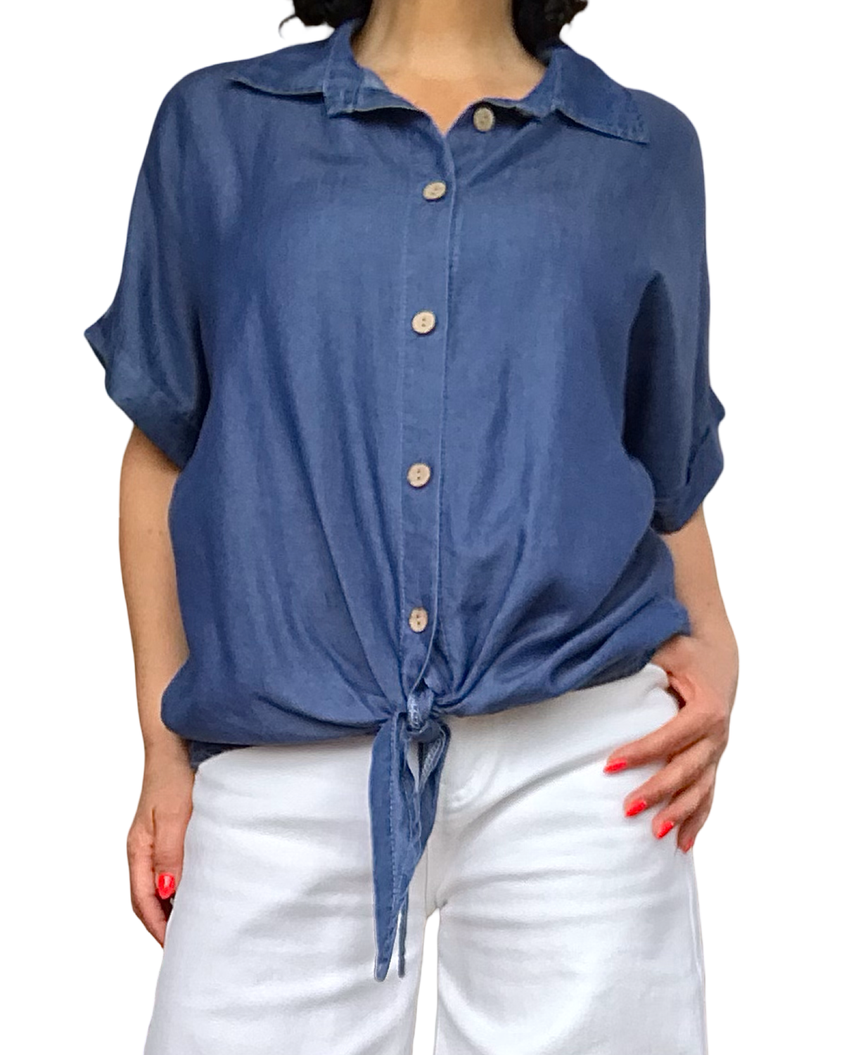 Chemise jeans manche courte noué au bas
