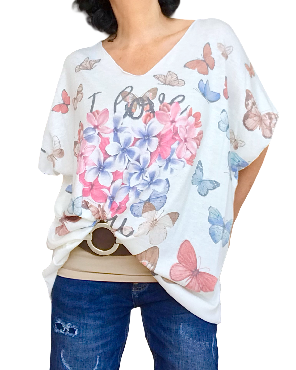 T-shirt col en V papillons et fleurs