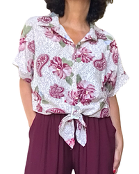 Chemise crème fleurie rouge vin et kaki manche courte