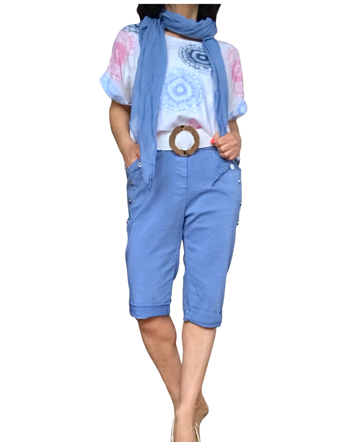 Bermuda bleu jeans à taille élastique avec cordon et 4 boutons décoratifs