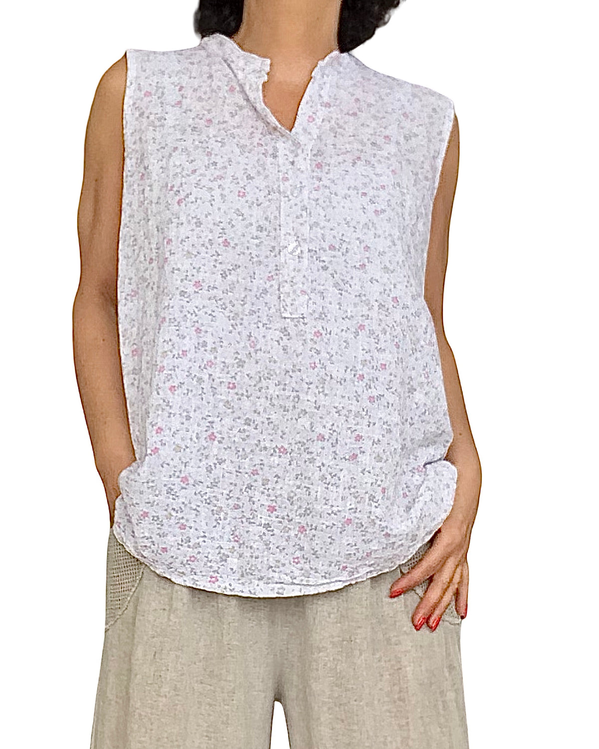 Blouse blanche sans manche petites fleuri rose, jaune et moka