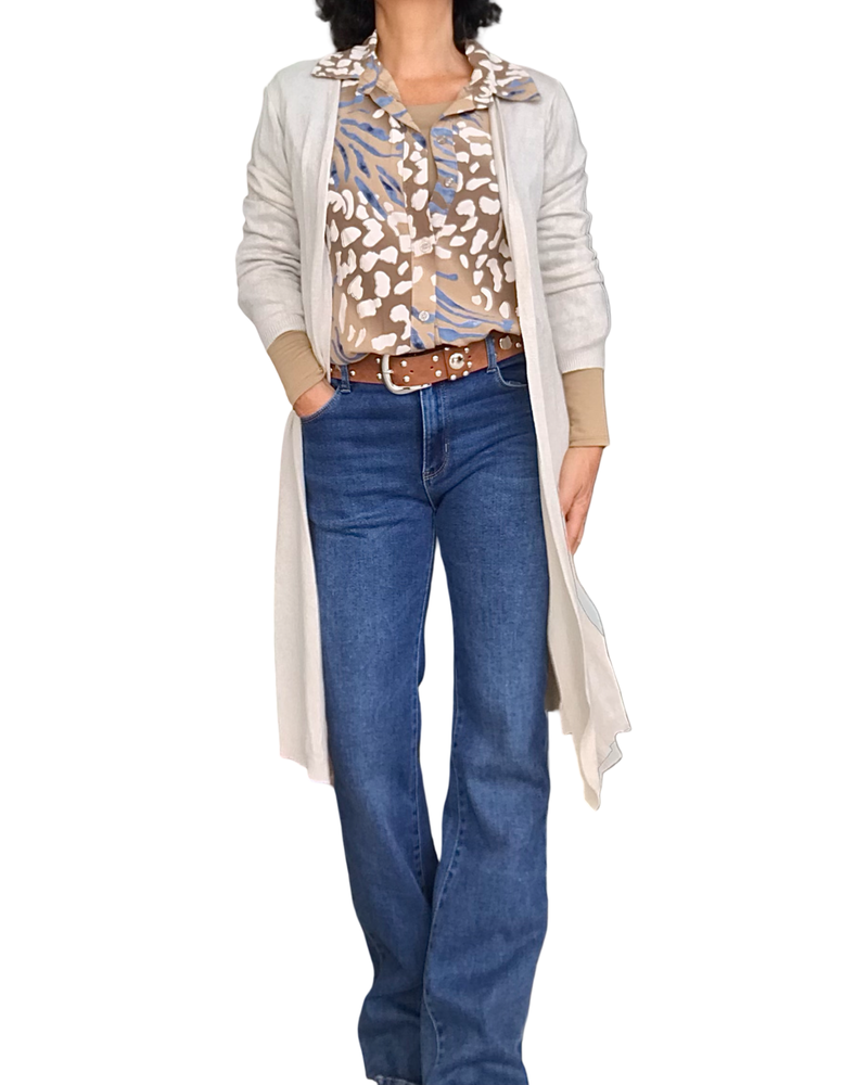 Chemise camel à manche 3/4 avec imprimé léopard