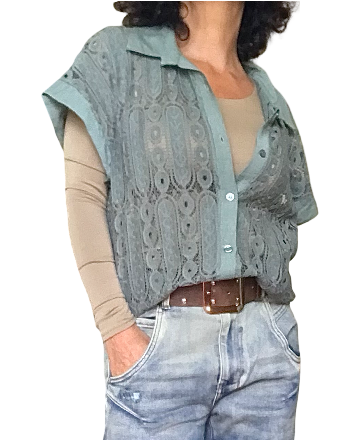 Chemise en dentelle kaki manche courte