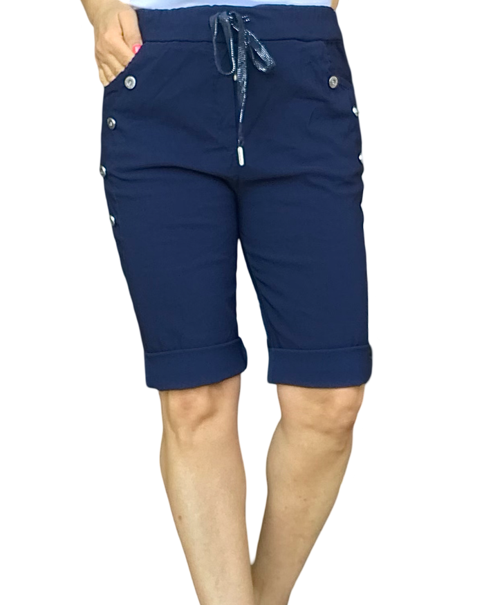 Bermuda bleu marin à taille élastique avec cordon et boutons décoratifs