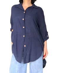 Chemise marine unie à manche 3/4 col chemise