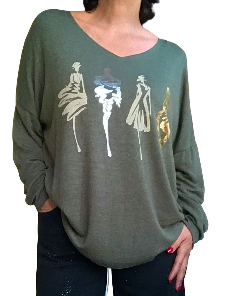 Chandail uni kaki col en V avec esquisse de 4 femmes devant