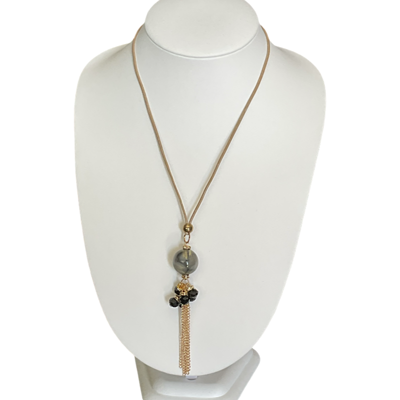 Bijoux | Collier pendentif une bille marbrée et des chaînes dorées garnies de pierres noires