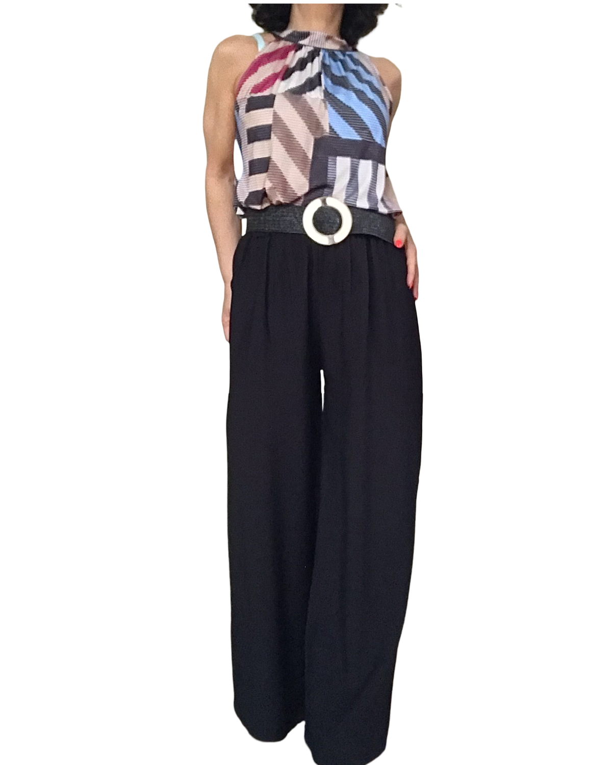 Camisole noué au cou motif géométrique noir, rouge, bleu, beige et blanc cassé