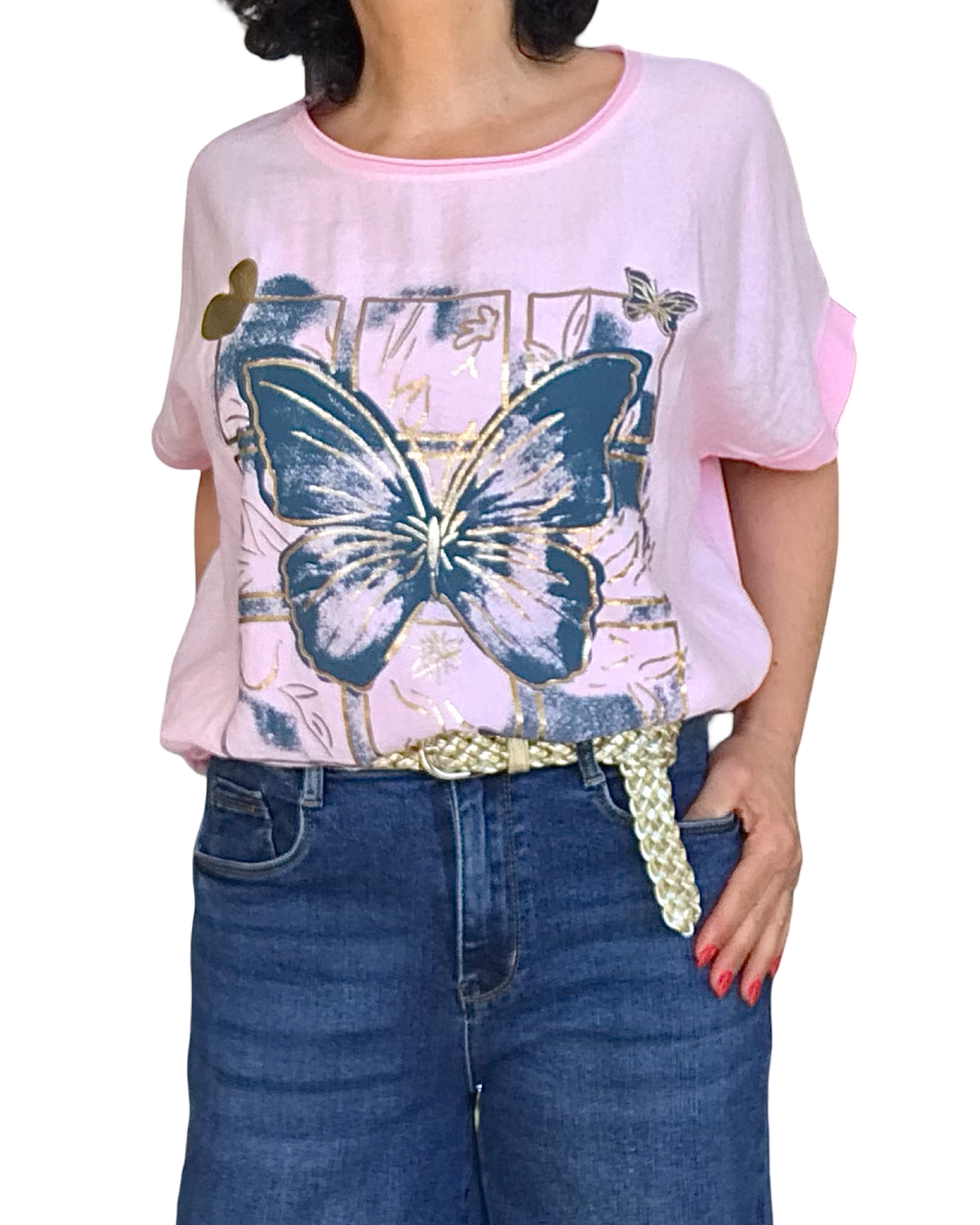T-shirt rose pâle manche courte avec un cordon au bas et un papillon marine