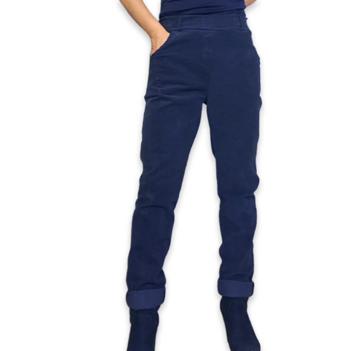 Pantalon bleu marin en velours cotelé à taille élastique