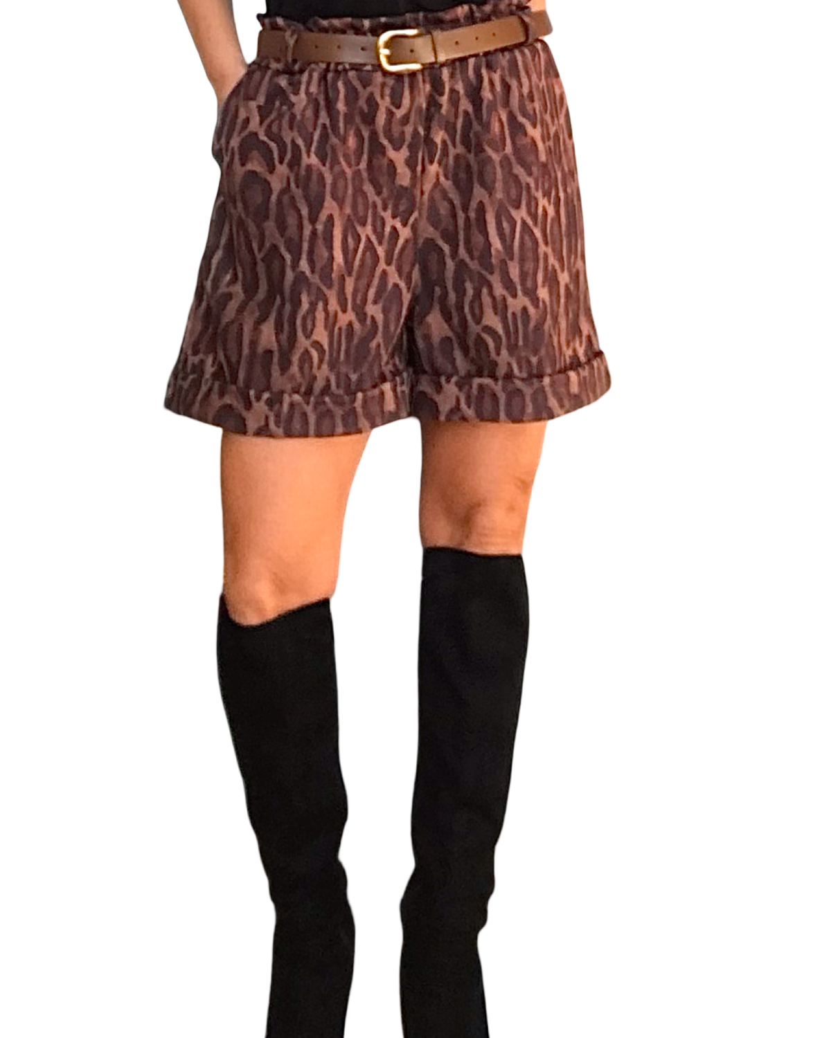 Short léopard en ultra suède noisette et noir