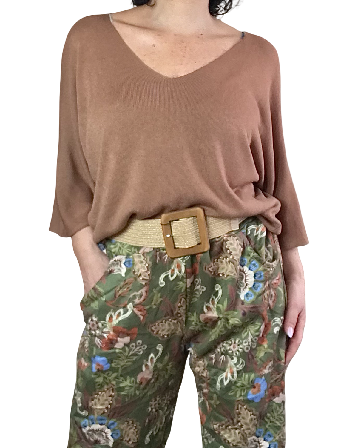 Chandail uni cognac, col en V manche 3/4