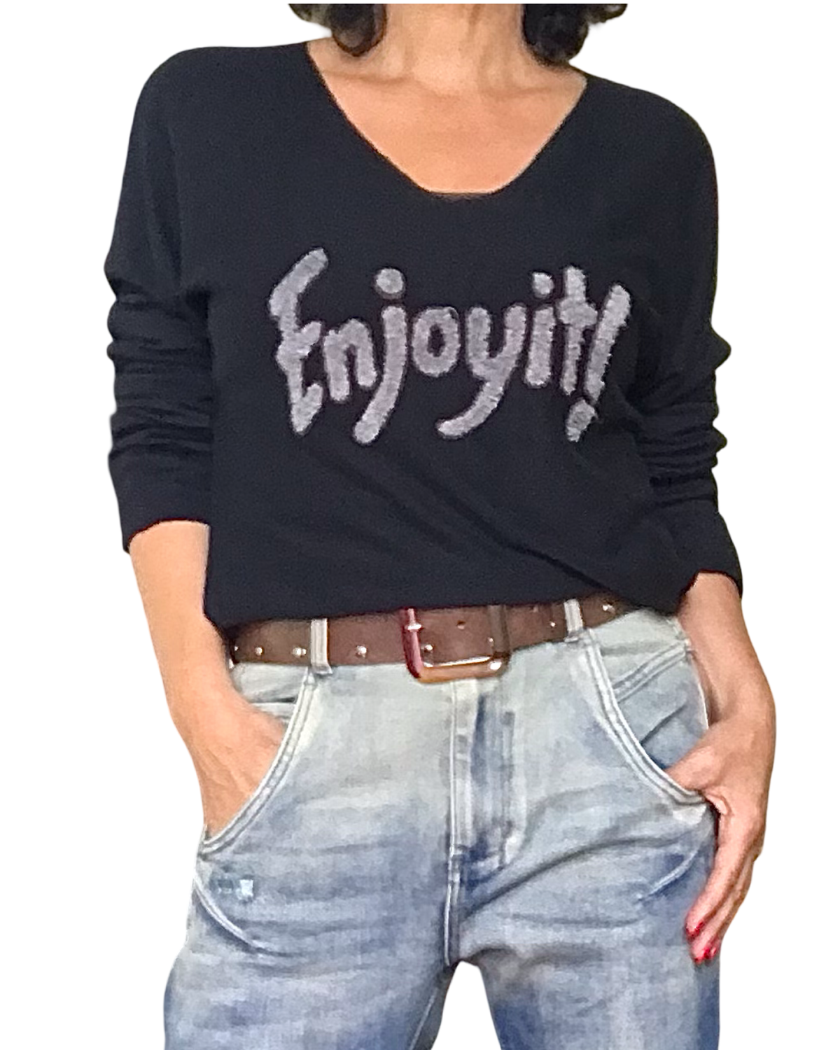 Chandail uni noir « Enjoy it » col  en V manche longue