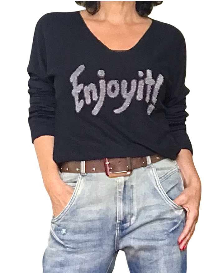 Chandail uni noir « Enjoy it » col  en V manche longue