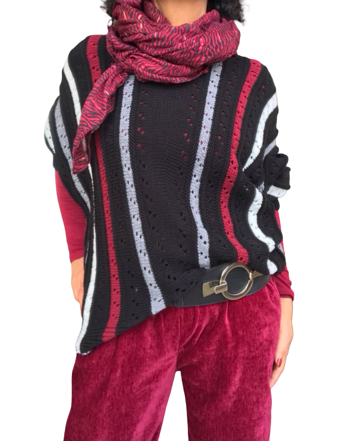Chandail en tricot noir en pointel rayures verticales, manche longue
