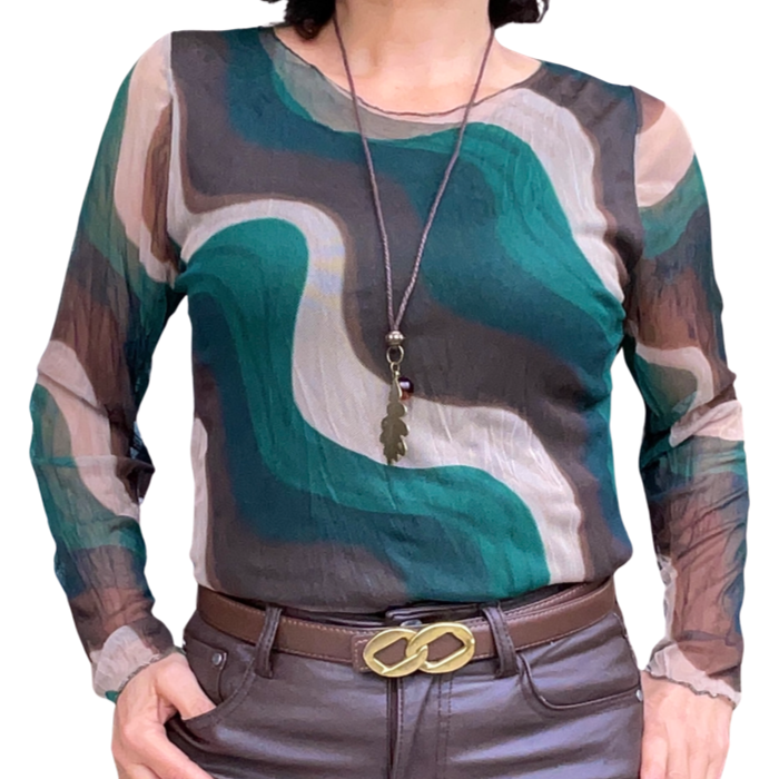 Gilet imprimé abstrait en voile vert et brun manche longue col rond avec , collier et ceinture étroite brune