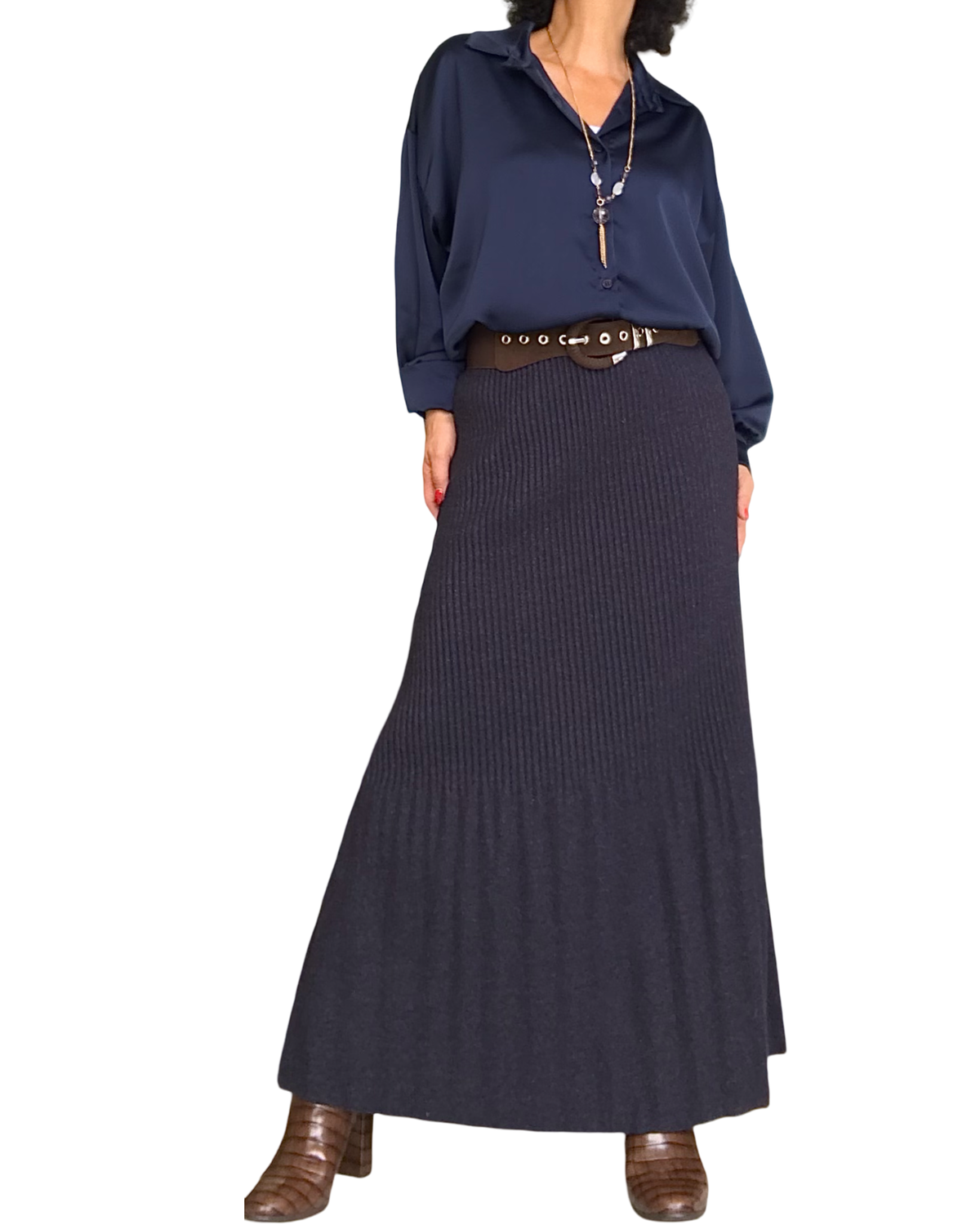 Jupe longue en tricot marine chiné