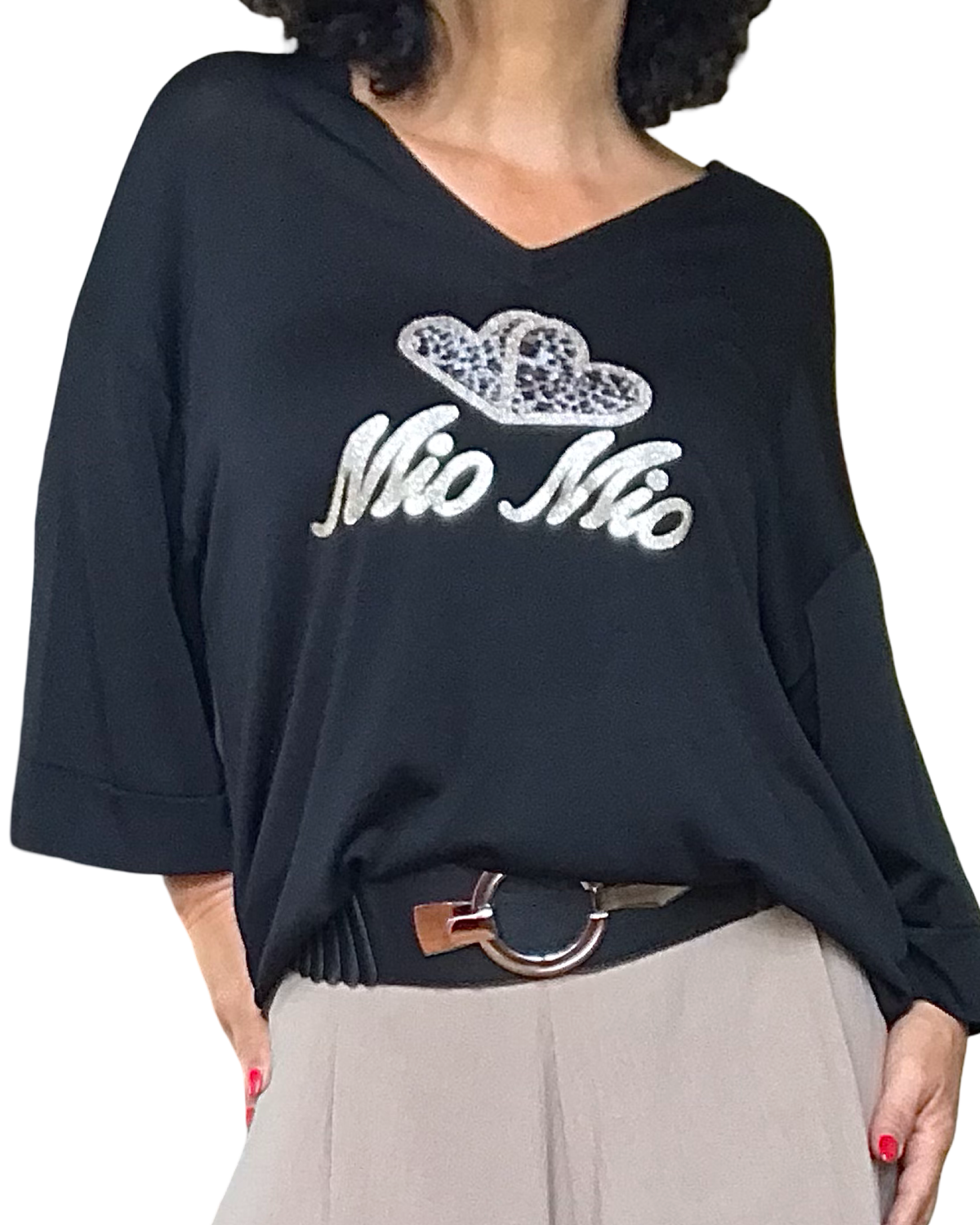 T-shirt uni noir Mio Mio manche courte col en V