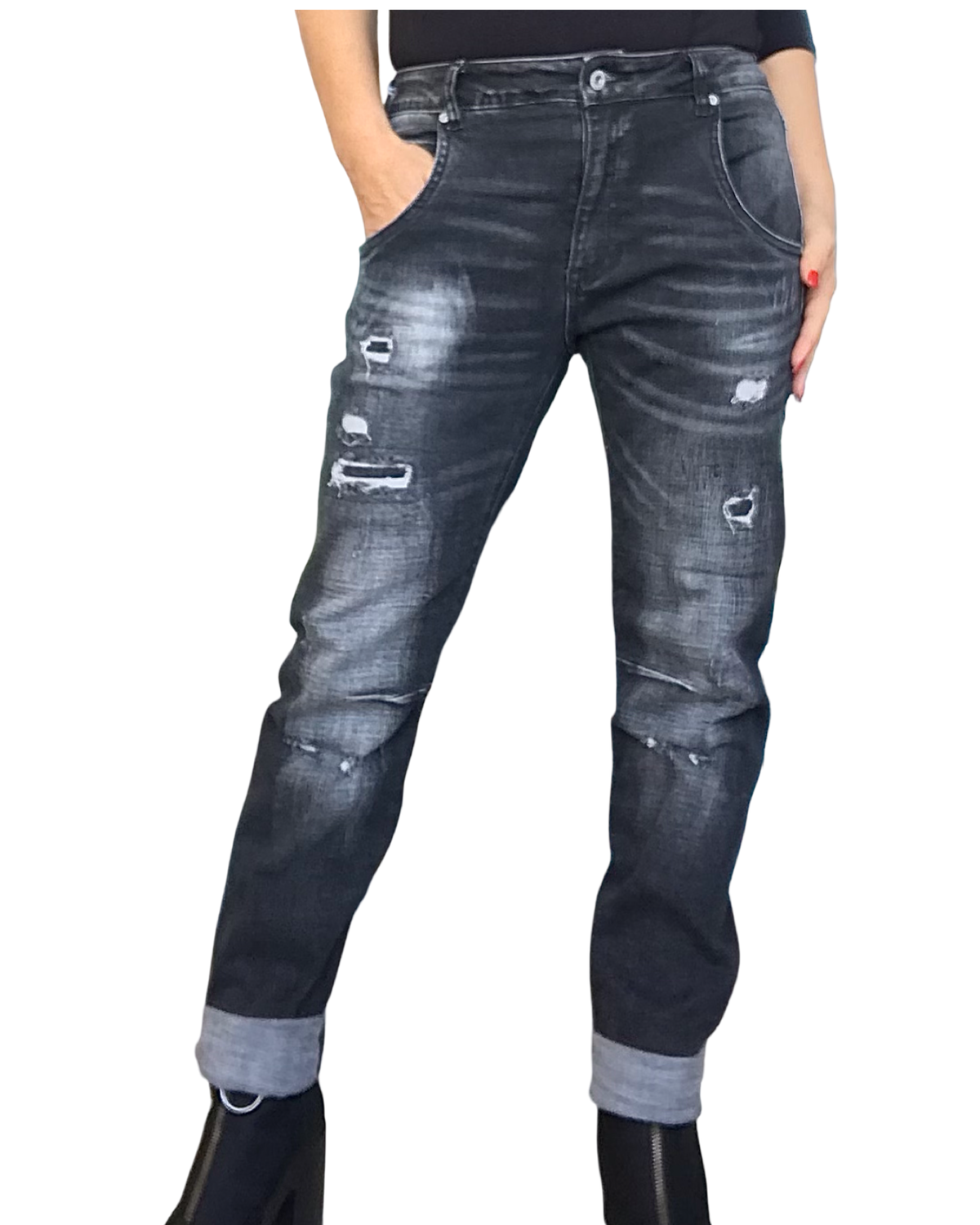 Jeans boyfriend noir délavé déconstruit