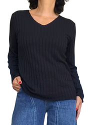 Chandail uni noir en rib col en V manche longue