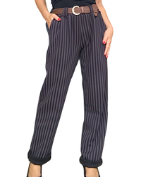 Pantalon rayé noir et brun, taille élastique avec une ceinture