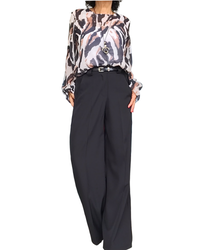 Blouse romantique en voile zébré crème, noire et camel, manches longues