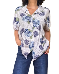 Chemise crème fleurie marine et kaki manche courte