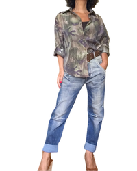 Jeans boyfriend bleu foncé délavé beige