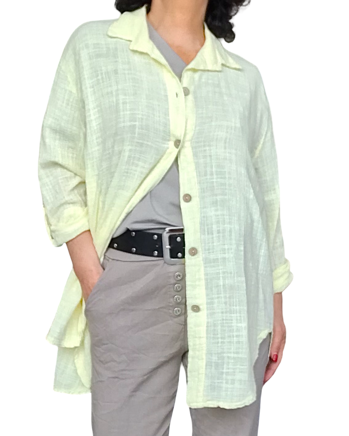 Chemise jaune unie à manche 3/4 col chemise