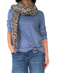Chandail uni bleu jeans en rib col en V manche longue
