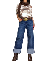 T-shirt manche longue imprimé arty blanc, brun, Camel et beige