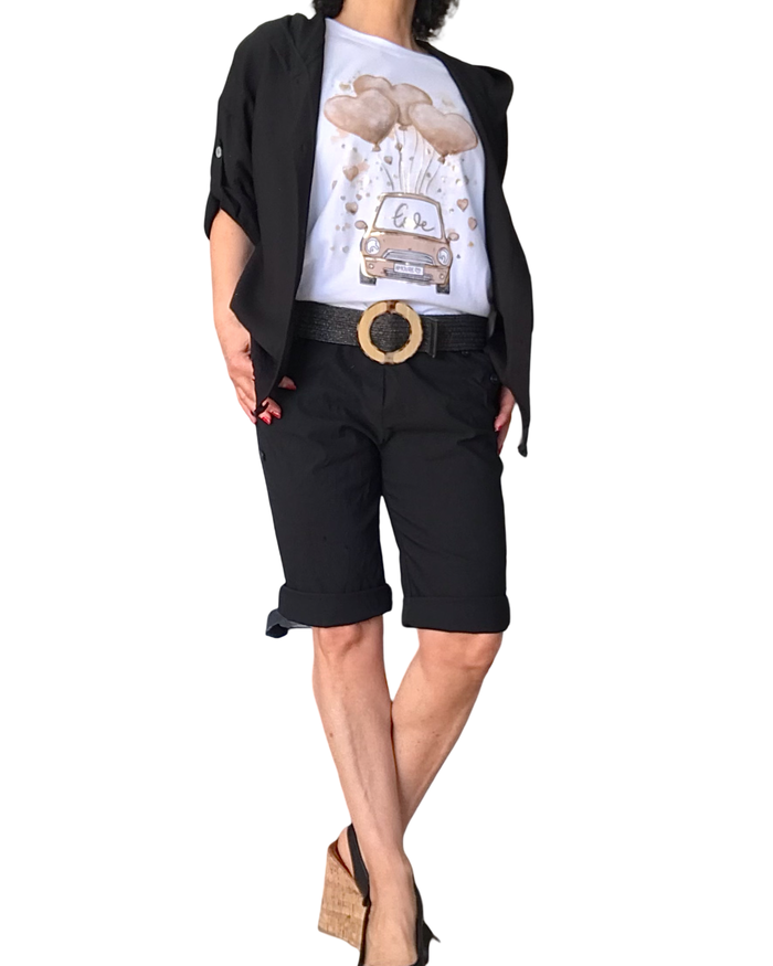 Bermuda noir à taille élastique avec cordon et boutons décoratifs