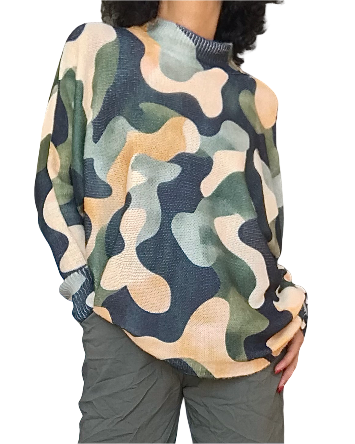 Chandail en tricot camouflage noir, kaki et jaune