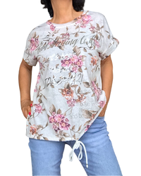 T-shirt col rond cordon au bas fleuri brun et rose