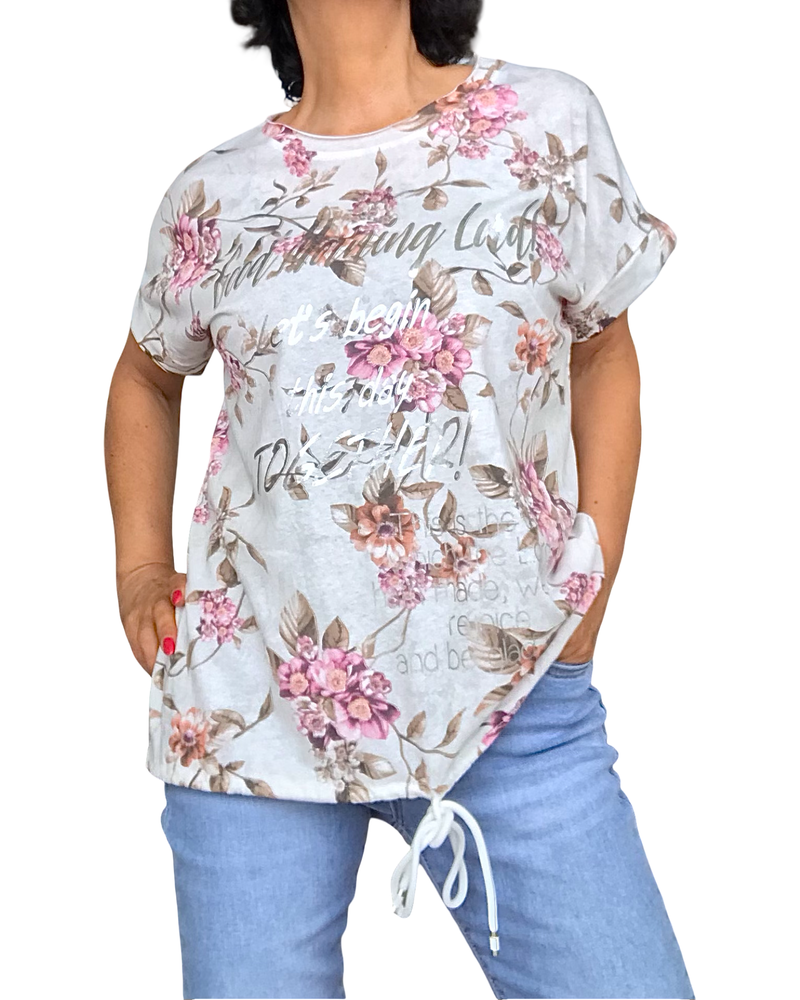 T-shirt col rond cordon au bas fleuri brun et rose