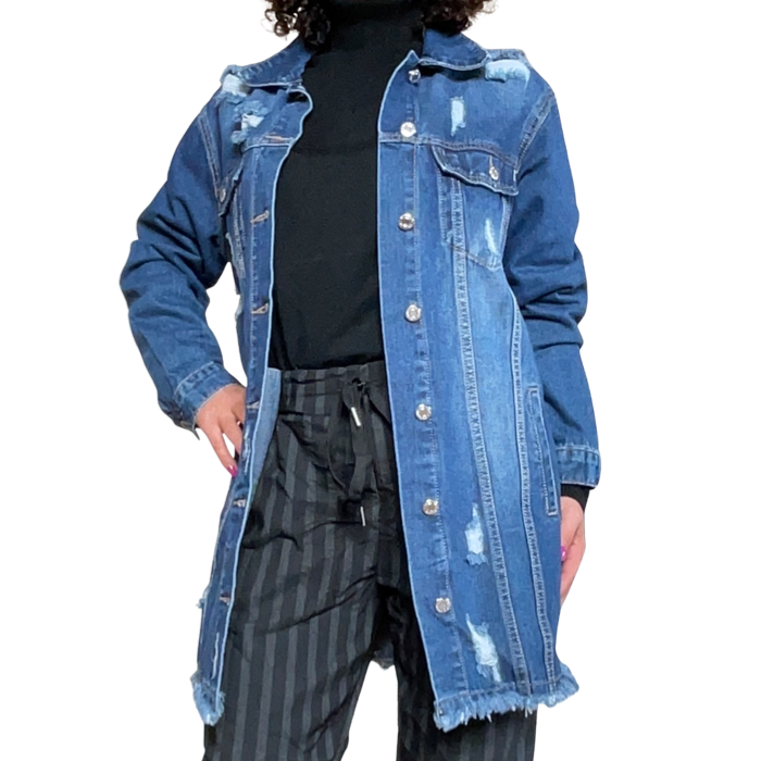 jacket jeans bleu moyen, long avec trous avec col roulé noir